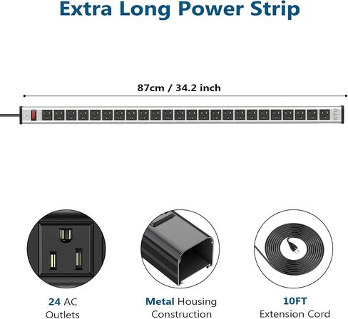 BTU Long Heavy Duty Power Strip 24 Outlet Large Metal Power Strips Garage Workshop Commercial Industrial Power Strips with Circuit Breaker.10FT Cord 15A 125V 1875W (Black) in Kuwait