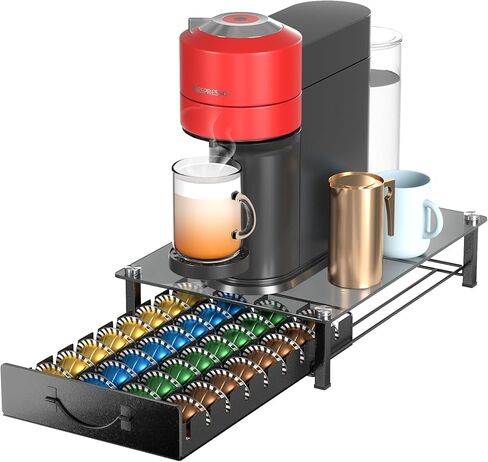 HFHOME Glass Top Coffee Pod Holder Compatible with 36 Vertuo Pods, Crystal Tempered Glass Coffee Capsules Drawer, Capsule Storage Organizer for K-Cup Pods Office Home Counter, Black in Saudi Arabia