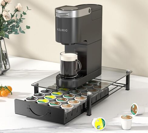 HFHOME Glass Top Coffee Pod Holder Compatible with 36 Vertuo Pods, Crystal Tempered Glass Coffee Capsules Drawer, Capsule Storage Organizer for K-Cup Pods Office Home Counter, Black in Saudi Arabia