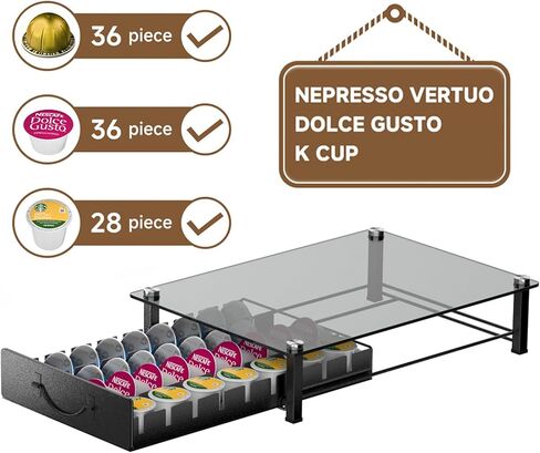 HFHOME Glass Top Coffee Pod Holder Compatible with 36 Vertuo Pods, Crystal Tempered Glass Coffee Capsules Drawer, Capsule Storage Organizer for K-Cup Pods Office Home Counter, Black in Saudi Arabia