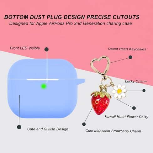for Airpods Pro 2nd Generation Case Cover with Cute Strawberry Charm Keychain,Airpod Pro 2 Case Kawaii Heart Flower Daisy Key Chains for Apple Airpods Pro Gen 2 Charging Case Cover Sky Blue in Saudi Arabia