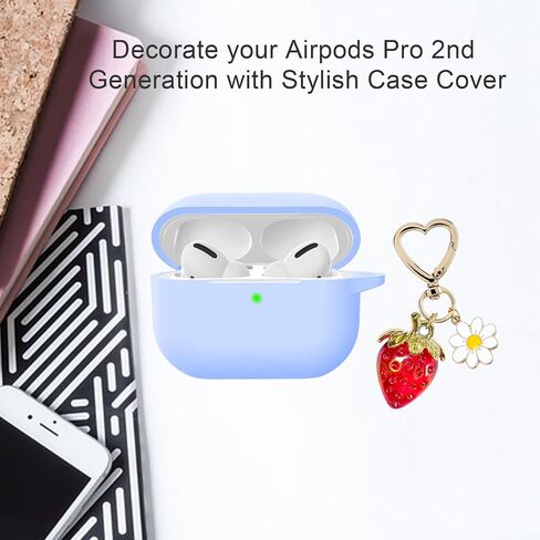 for Airpods Pro 2nd Generation Case Cover with Cute Strawberry Charm Keychain,Airpod Pro 2 Case Kawaii Heart Flower Daisy Key Chains for Apple Airpods Pro Gen 2 Charging Case Cover Sky Blue in Saudi Arabia