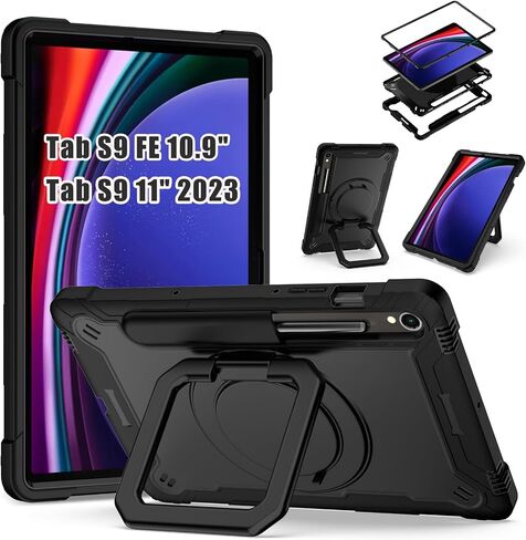DETUOSI Compatible with Samsung Galaxy Tab S9 FE Case 10.9" with Shoulder Strap & 360°Rotatable Stand, Heavy Duty Shockproof Protective Case for Galaxy Tab S9 FE 5G 10.9"/ S9 11", Black in Saudi Arabia