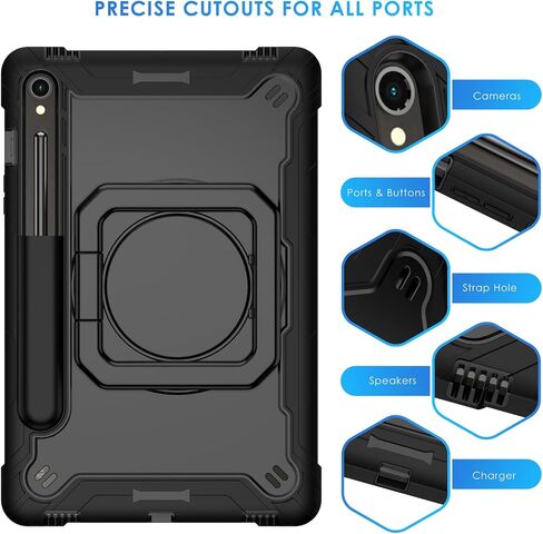 DETUOSI Compatible with Samsung Galaxy Tab S9 FE Case 10.9" with Shoulder Strap & 360°Rotatable Stand, Heavy Duty Shockproof Protective Case for Galaxy Tab S9 FE 5G 10.9"/ S9 11", Black in Saudi Arabia