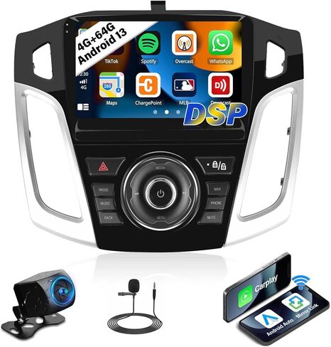 UNITOPSCI 4G+64G Android Car Stereo for Ford Focus 2012-2018 مع CarPlay اللاسلكي Android Auto Bluetooth 5.0 GPS Navigation Mirror Link 1280*720 شاشة تعمل باللمس DSP 32 EQ FM/RDS WiFi + ميكروفون كاميرا احتياطية in Kuwait