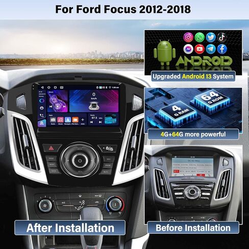 UNITOPSCI 4G+64G Android Car Stereo for Ford Focus 2012-2018 مع CarPlay اللاسلكي Android Auto Bluetooth 5.0 GPS Navigation Mirror Link 1280*720 شاشة تعمل باللمس DSP 32 EQ FM/RDS WiFi + ميكروفون كاميرا احتياطية in Kuwait