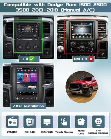 Roinvou [2G+64G] Car Radio for Dodge RAM 1500 2500 3500 2013-2018(Auto A/C) with Wireless Carplay/Android Auto, 9.7 Inch Android 13 IPS Touch Screen Car Stereo, Bluetooth, GPS Navi, WiFi, SWC, 28UI in Saudi Arabia