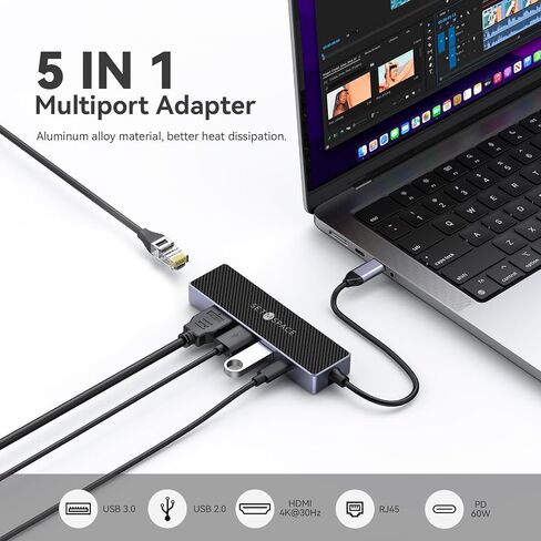 USB C Hub (5 in 1), SETMSPACE Travel Hub with 4K HDMI Display and 5Gbps USB-A Data Ports, PD 60W, RJ45 1000Mbps Ethernet port for MacBook, MacBook Air, Dell XPS, Lenovo Thinkpad, HP Laptops and More in Kuwait