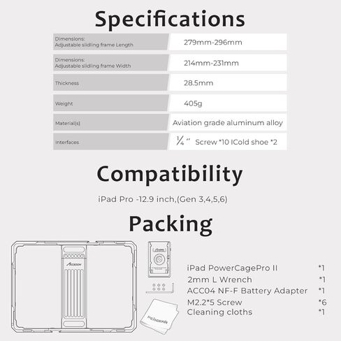 Accsoon Power Cage Pro Ⅱ لجهاز iPad، متوافق مع iPad Pro - 12.9 بوصة (الجيل 3، 4، 5، 6)، محول لوحة بطارية W ACC04 NP-F in Kuwait