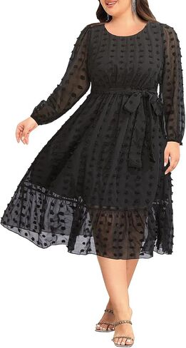 Holipick Women 2024 Spring Plus Size Swiss dot A-Line Long Sleeve Midi Dress Wedding Guest Elegant Flowy Dresses in Saudi Arabia