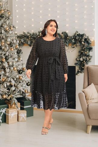Holipick Women 2024 Spring Plus Size Swiss dot A-Line Long Sleeve Midi Dress Wedding Guest Elegant Flowy Dresses in Saudi Arabia