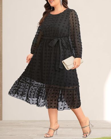 Holipick Women 2024 Spring Plus Size Swiss dot A-Line Long Sleeve Midi Dress Wedding Guest Elegant Flowy Dresses in Saudi Arabia