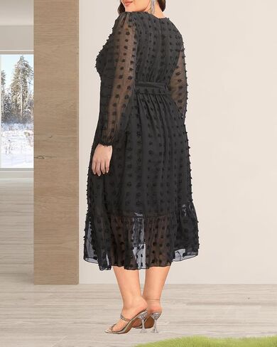 Holipick Women 2024 Spring Plus Size Swiss dot A-Line Long Sleeve Midi Dress Wedding Guest Elegant Flowy Dresses in Saudi Arabia