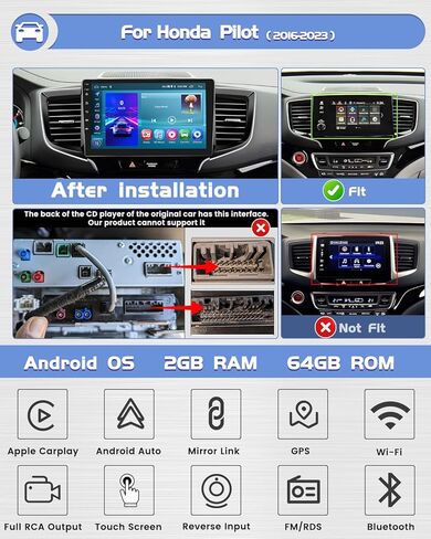 Roinvou 2+64G Android CarPlay Stereo for Honda Pilot 2016-2023، CarPlay لاسلكي مدمج مع Android Auto، شاشة لمس 10.1 بوصة في لوحة القيادة GPS ودعم مرآة Link BT RDS AHD WiFi DSP in Kuwait