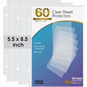 KTRIO Heavyweight Sheet Protectors 5.5 x 8.5 inch, Clear Page Protectors for Mini 3 Ring Binder, Plastic Sleeves for Binders, Top Loading Paper Protector, 60 Pack