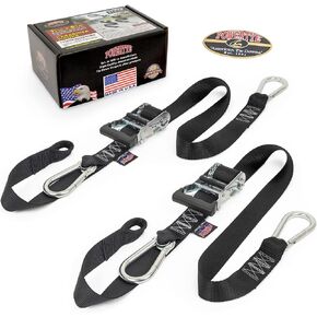 PowerTye 1.5in x 6.5ft Heavy Duty Ratchet Tie-Down Straps with Soft-Tye and Carabiner Hooks - 1,000 lb Working Load Limit / 3,000 lb Breaking Strength - Made in USA - Black/Black Pair