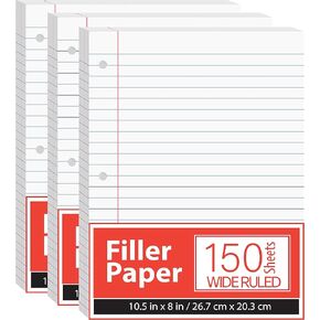 Notebook Paper, Loose Leaf Paper, Wide Ruled Notebook Paper, 10.5" x 8" Filler Paper, 56 gsm, 450 Sheets,150 Sheet Per Pack (3 Pack)