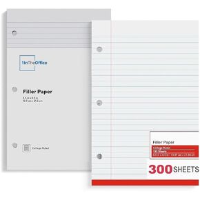 1InTheOffice Mini Binder Paper 3 Hole 5.5 x 8.5 Paper, 5x8 College Filler paper (300 sheets)