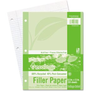 Ecology College Ruled Recycled Filler Paper,White, 150 Sheets (3202)