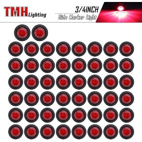 TMH 50 Pcs 3/4 Inch Red Clearance Side Marker Indicator Lights Mini Round Front Rear 3 LED with Rubber for Trailer Truck Bus Car Pickup 12V DC