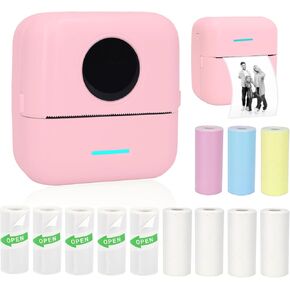 Mini Portable Printer, Inkless Sticker Printer with 12 Rolls Paper, Mini Thermal Printer for Notes/Photos/Stickers/Labels/Receipts, Pocket Printer for iPhone, Android Phone & Tablet, Pink