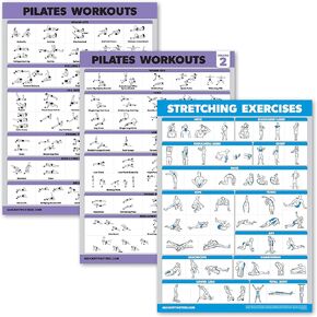 3 Pack - Pilates Workout Poster Set Volume 1 & 2 + Stretching Routine - Pilates Mat Work Exercises - Fitness Charts