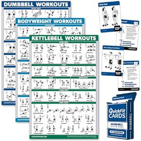 4 Pack: Dumbbell + Bodyweight + Kettlebell Workouts Poster Set + Dumbbell Exercise Playing Cards