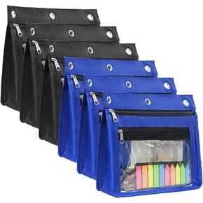 YoeeJob 6 Pack 1 Inch Expandable Zipper Pencil Pouches with Clear Window for 3 Ring Binder, Suitable for School & Office (6, Blue)