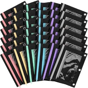 Fainne 36 Pcs Pencil Pouch for 3 Ring Binder Pencil Case for Binder Colorful Mesh Pencil Bags with Zipper, 3 Ring Binder Pencil Pouch Bags with Clear Mesh Window for Office Supplies