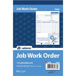 Adams Job Work Order Book, 3-Part Carbonless, White/Canary/White, 5-9/16 x 8-7/16 Inches, 33 Sets (T5868)