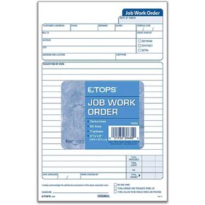 TOPS 3868 Snap-Off Job Work Order Form, 5 2/3" x 8 5/8", Three-Part Carbonless (Pack of 50 Forms)