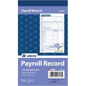Adams Employee Payroll Record Book, 4.19 x 7.19 Inches, White and Canary, 2-Part, 55 Sets (D4743)