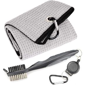Mile High Life Microfiber Waffle Pattern Tri-fold Golf Towel | Brush Tool Kit with Club Groove Cleaner, Retractable Extension Cord and Clip