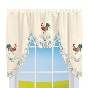 Collections Etc Rooster Embroidered Kitchen Window Curtains