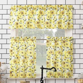 No. 918 Sunbeam Sunflower Print Semi-Sheer Rod Pocket Kitchen Curtain Valance and Tiers Set, 54" x 36", Yellow
