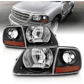 AmeriLite Chrome C-Type LED Tube Projector Headlights Set for 1997-2003 Ford F150 Expedition Pickup Truck - Driver and Passenger Side