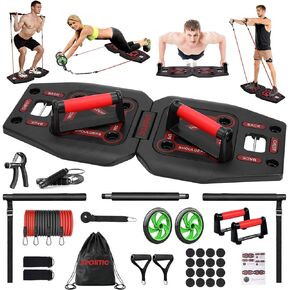 Foldable Push Up Board, Portable Home Gym with Resistance Bands, Ab Roller Wheel, and 19 Fitness Accessories including Fitness Bars. Versatile Fitness Equipment for Men and Women with Carrying Bag