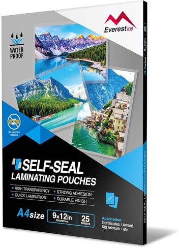 أكياس تصفيح ذاتية الغلق من Everest، أكياس تصفيح مقاومة للماء، لاصق دائم، 9 × 12 بوصة، 25 ورقة، سمك 10 ميل، حجم حرف بلمسة نهائية لامعة، لا حاجة إلى آلة تصفيح in Kuwait