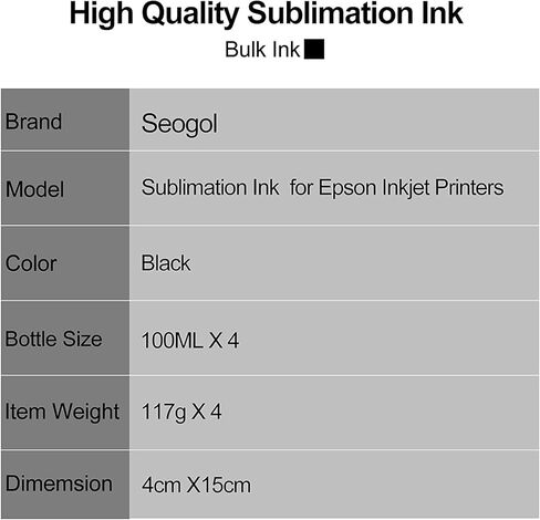 seogol Black Sublimation Ink for Epson EcoTank Workforce Printers ET-2720 ET-2760 ET-2750 ET-15000 ET-4700 ET-3760 WF-7710 WF-7720 WF-7210 C88+ ETC.（400ml/Offer Free ICC Printing） in Kuwait