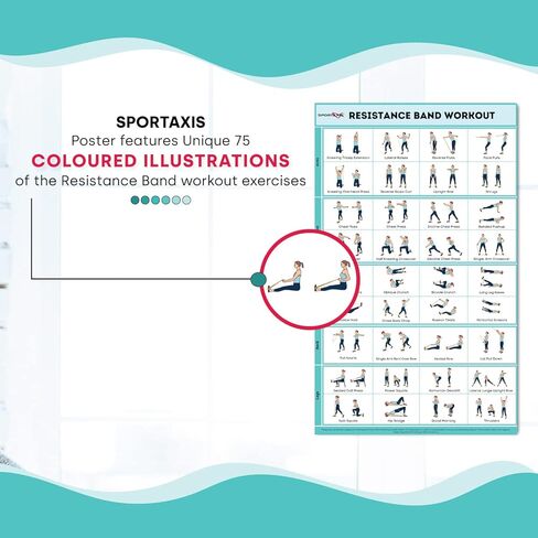 SPORTAXIS- ملصق للتمرين بشريط مقاومة مصفح بدون معدات مع رسوم توضيحية ملونة - ملصق للتمرين المنزلي للرجال والنساء - ملصق حائط للتدريب المنزلي المتقدم (18 بوصة × 27 بوصة) in Kuwait