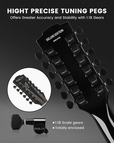 Fesley 12 String Guitar, 42" Full Size Acoustic Electric Guitars for Beginners Adults, Spruce Top Guitarra Acustica, Guitar Bundle with Gig Bag, Picks, Strings, Strap, Black in Saudi Arabia