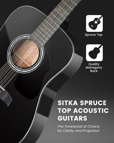 Fesley 12 String Guitar, 42" Full Size Acoustic Electric Guitars for Beginners Adults, Spruce Top Guitarra Acustica, Guitar Bundle with Gig Bag, Picks, Strings, Strap, Black in Saudi Arabia