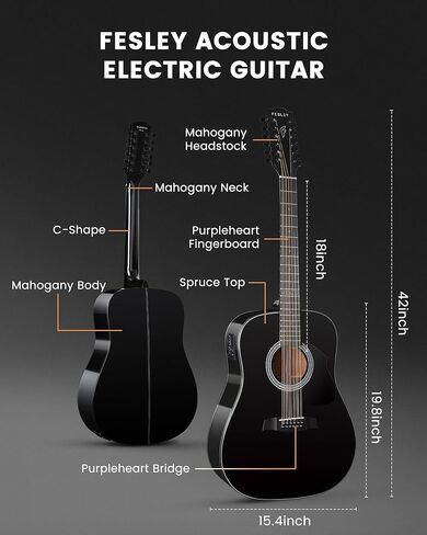 Fesley 12 String Guitar, 42" Full Size Acoustic Electric Guitars for Beginners Adults, Spruce Top Guitarra Acustica, Guitar Bundle with Gig Bag, Picks, Strings, Strap, Black in Saudi Arabia