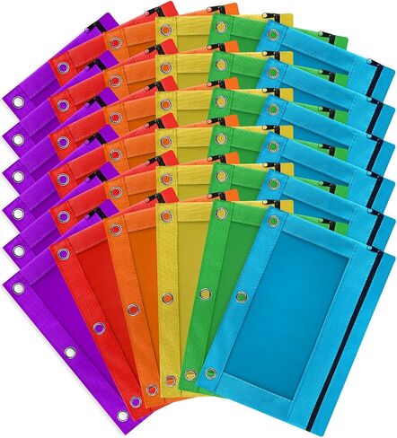 Pencil Pouch for 3 Ring Binder, Bulk 36 Pack 3-Holes Zipper Pencil Pouches in Assorted Colors, Sturdy and Durable Cloth Pencil Holder with Clear Window for Office School College Supplies (36) in Saudi Arabia