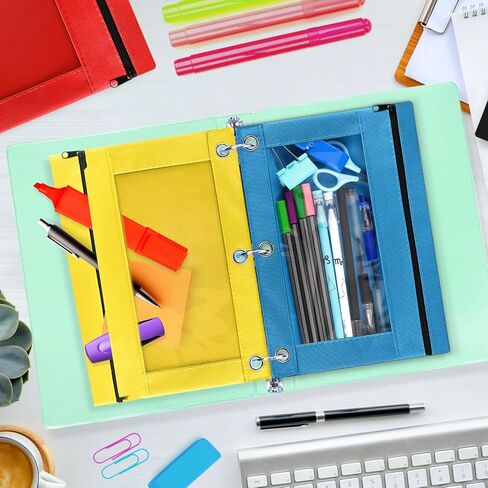 Pencil Pouch for 3 Ring Binder, Bulk 36 Pack 3-Holes Zipper Pencil Pouches in Assorted Colors, Sturdy and Durable Cloth Pencil Holder with Clear Window for Office School College Supplies (36) in Saudi Arabia