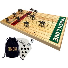 FINENI Original Horse Racing Board Game with Luxurious Metal Horses, 11Pieces & 4Colors (3Gold, 3Silver, 3Black, 2RoseGold), 22" Real Birch Wood Horseracing Game Board, GoldCard&Dice