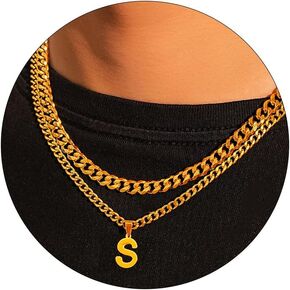 Initial A-Z Letter Necklace for Men Boys Layered Stainless Steel Cuban Chain Choker Letter Pendant Necklace Jewelry Gift for Men Boys