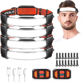 Aikertec Rechargeable Headlamp 4 Pack, 230° Wide Beam Headlamp, 1000LM Red Light Headlamp with Power Taillight & 16 Clips, 3 Modes, Waterproof Headlamps, Hardhat Head Lamp for Running Camping Fishing