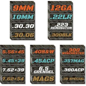 Ammo Can Vinyl Sticker Set - Ammo Can Labels Set -Caliber Decal Labels for Ammo Cans .22 .223 .308 9MM .380 .45 5.56 7.62 12GA 300BLK (80 Pack/20 Varieties)