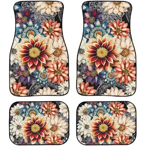 Decorative Boho Floral Print Car Floor Mats Front & Rear Liners Set,Universal Fit Auto Carpet Floor Mats Set of 4 for Women Girls